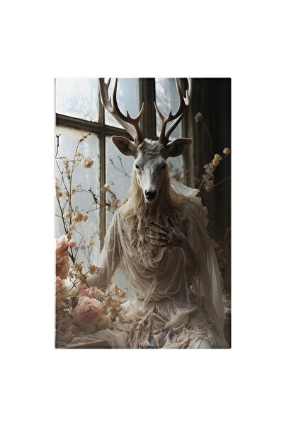 StoryGift Romania Tablou Canvas: Albul Iernii Prin Ochii Unui Cerb Alb Cu Accente Florale Pictura Digitala