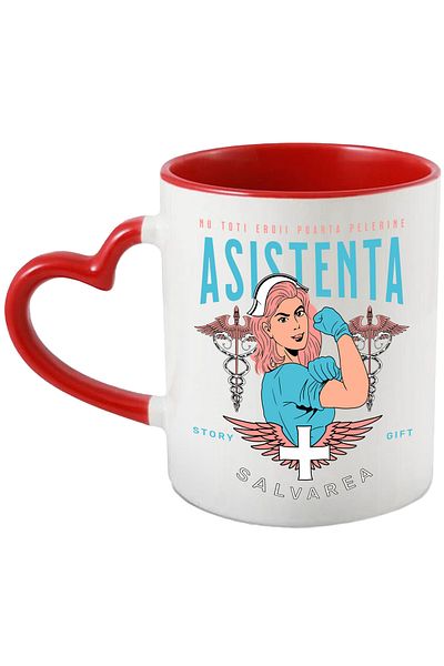StoryGift Romania Cana asistenta medicala super erou salvarea , 330ml, Ceramica cu Maner Inima Ros, Cu Maner Inim STG