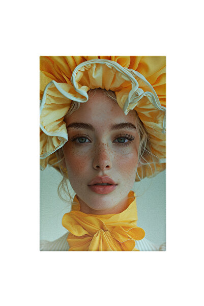 StoryGift Romania Tablou Canvas Domnisoara Cu Parul Blond Si Boneta Galbena Cu Ochii Verzui-albastri Si Gene Lun