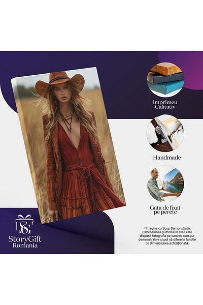StoryGift Romania Tablou Canvas Fata Imbracata In Rochie Rosie Cu Palarie Si Lant Cu Ochii Albastri In Campul De