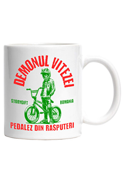 StoryGift Romania Cana demonul vitezei pedaleaza din rasputeri bicicleta, 330ml, Ceramic cu Maner , Cu Maner Alb STG