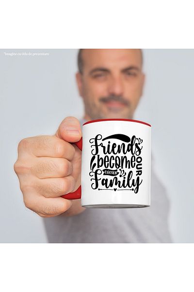 StoryGift Romania Mug with heart and the message "Friends become our chosen family" with R Handle, Cu, STG.
