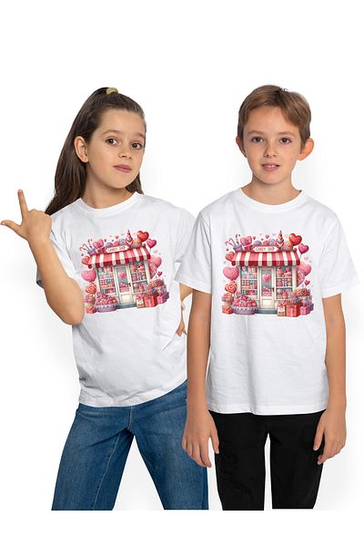 StoryGift Romania Children's T-shirt with a candy store, illustration, ri, goodies, hearts, Valentine's D