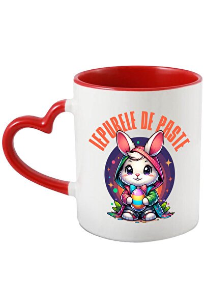 StoryGift Romania Cana cu Iepure Alb Cu Pelerina Multicolor Si Papion Ou Colorat Text Iepurele De , Cu Maner Inim STG