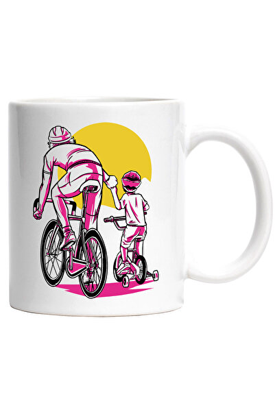 StoryGift Romania Cana Cu Ciclism, Barbat, Copil, Retro, Soare, Bicicleta, Multicolor 330 ml, Cera, Cu Maner Alb