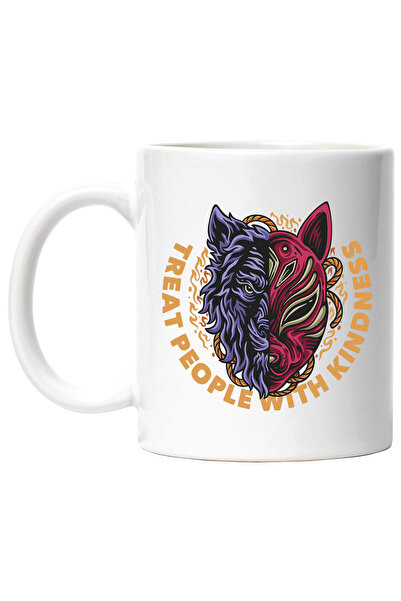 StoryGift Romania Cana Cu Mesaj In Engleza Treat People With Kindness, Lup, Masca Vulpe, Asiatic, , Cu Maner Alb