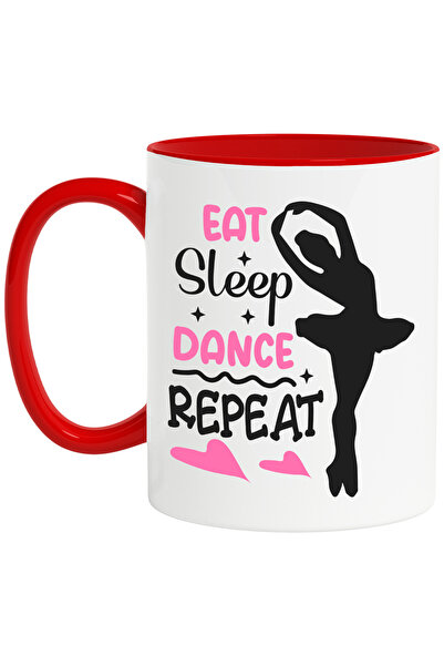 StoryGift Romania Cana cu inimioare si mesajul "Eat sleep, dance, repeat" - mananca somn, danseaza, Cu Maner Rosu STG