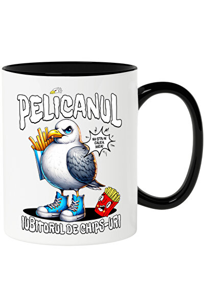 StoryGift Romania Cana Pelican iubitor de chips-uri furios haios, 330ml, Ceramica cu Maner Negru, Cu Maner Negru STG