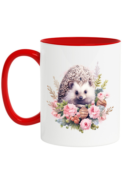 StoryGift Romania Cana cu un arici in natura | ilustratie | curios | floricele | roz | frunze | ie, Cu Maner Rosu STG