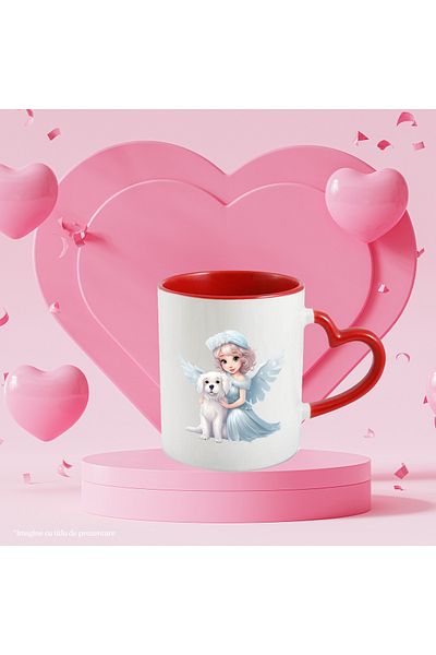 StoryGift Romania Cana cu o fetita cu aripi | ilustratie | catel alb | rochie | ninge | iarna | fr, Cu Maner Inim STG