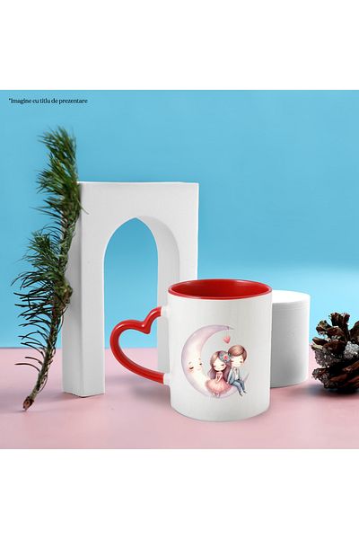 StoryGift Romania Mug with a little girl and a little boy sitting on a crescent moon | illustration | heart | , With ,STG