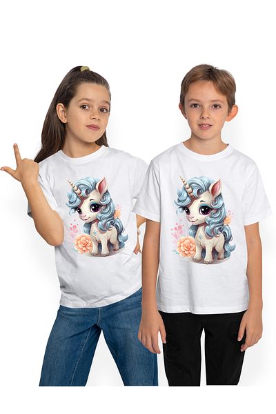 StoryGift Romania Children's T-shirt with a little unicorn, illustration, cheerful, happiness, orange flowers, for co