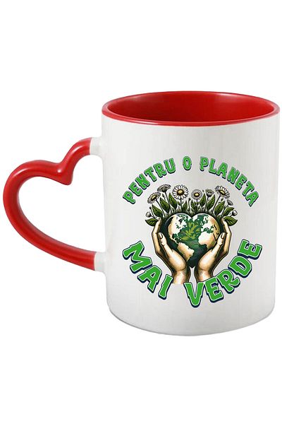 StoryGift Romania Cana cu Pamant In Forma De Inima Flori Margarete Inima Dragoste, text Pentru O P, Cu Maner Inim STG