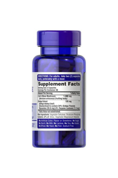 Puritan Puritans Pride Lion's Mane and Ginkgo, Aslan Yelesi Mantarı+Ginkgo Özütü 60 Caps