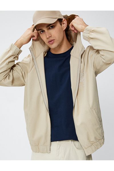Koton Denim Jacket College Embroidered Hooded Zipper Pocket Casual Cut