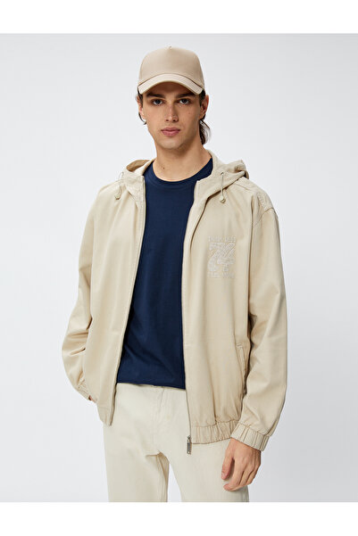 Koton Denim Jacket College Embroidered Hooded Zipper Pocket Casual Fit