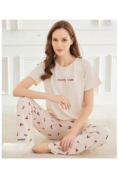 Mihra Women's Crew Neck Milan Lycra Short Sleeve Pajama Set 50107Ekru - 1 Piece