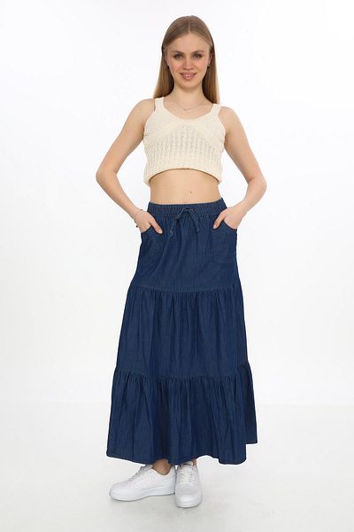 EREN STYLE Fusta de blugi cu volan din țesătură enzimatică cu buzunar-3848-2433