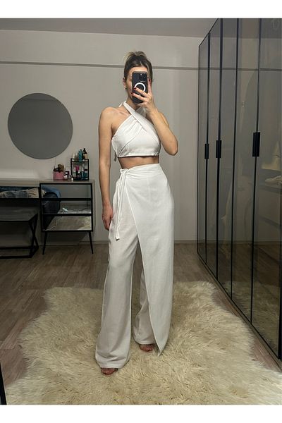 NET OF NOT Lacquer White Bamboo Linen Trousers Blouse Set with Lacing Detail