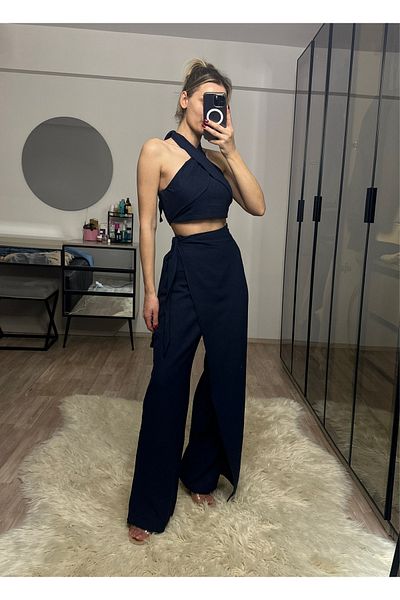 NET OF NOT Lacquer Navy Blue Bamboo Linen Trousers Blouse Set with Lacing Detail