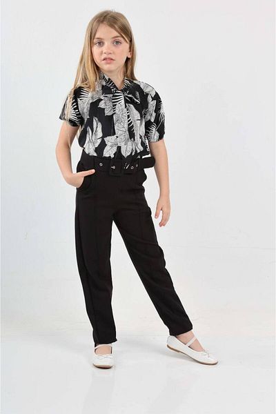 ARBİ kids Girl Child Black Woven Shirt Drum Fabric Stylish Belt Pantalon Cool Combination