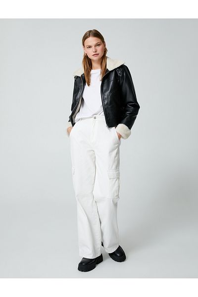 Koton Faux Leather Biker Jacket - Plush Detailed