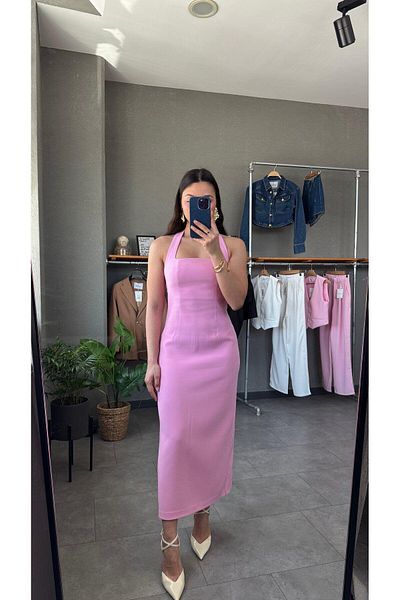 Glysso Halter Neck Slit Midi Dress Pink