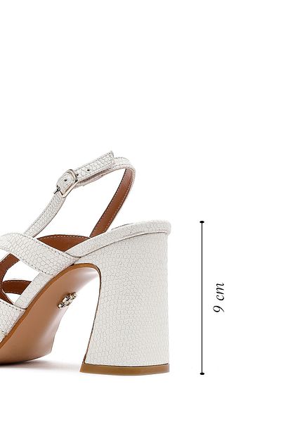Derimod Women's Cream Ankle Buckle Patterned Thick Heeled Leather Sandals 25Sfd161626