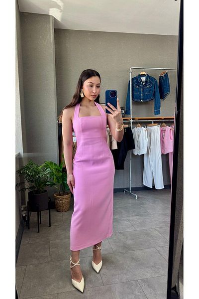 Glysso Halter Neck Slit Midi Dress Pink