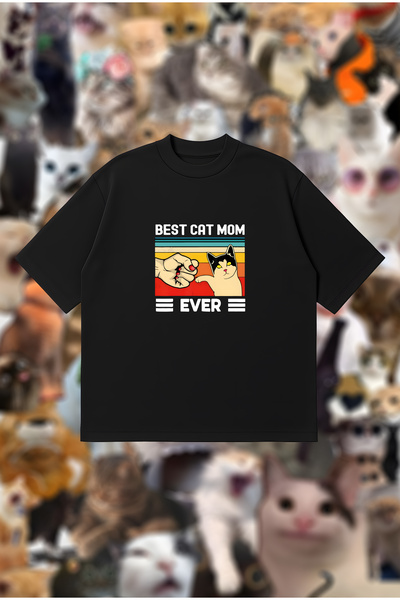 PURE POWER Best Cat Mom Ever με τύπωμα oversized Unisex βαμβακερό μπλουζάκι μ...