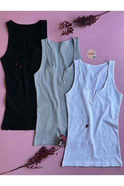 VicTroy Luniva 3 Pack Black, White and Blue Women's Tank Top |   V-Neck, Cotton, Summer Stylish Ribbed Blouse