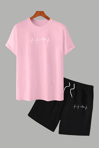 MELADYAN Rhythm Mountain Printed Pink T-Shirt Black Shorts Bottom Top Set