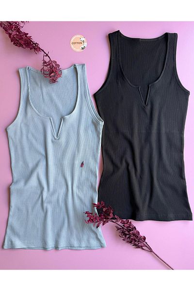 VicTroy Luniva 2-Pack Black and Rose K. Color Women's Tank Top |   V-Neck, Cotton, Summer Stylish Ribbed Blouse