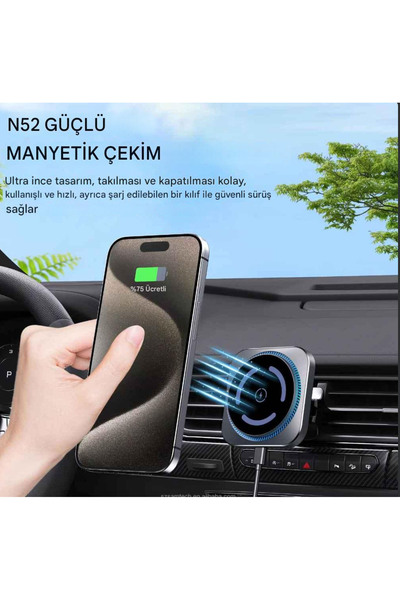 WOTOBE Magsafe Güçlü Manyetik 15W Hızlı Şarj Led Işıklı Araç Telefon Tutucu