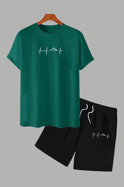 MELADYAN Rhythm Mountain Printed Green T-Shirt Black Shorts Bottom Top Set