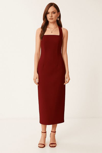 Glysso Halter Neck Slit Midi Dress Burgundy