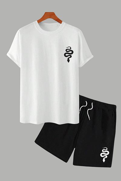 MELADYAN Snake Printed White T-Shirt Black Shorts Bottom Top Set