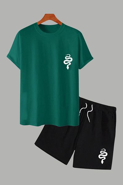 MELADYAN Snake Printed Green T-Shirt Black Shorts Bottom Top Set