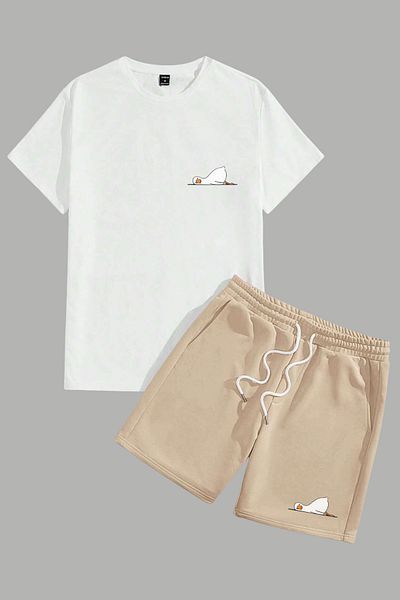 MELADYAN Lying Duck Printed White T-Shirt Beige Shorts Top and Bottom Set