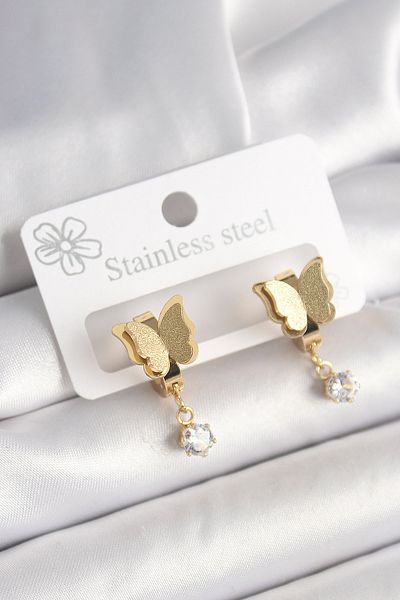 Skygo 316L Steel Gold Color Dangle Zircon Stone Detailed Silvery Butterfly Model Women's Earrings - Tj-Bkp10420