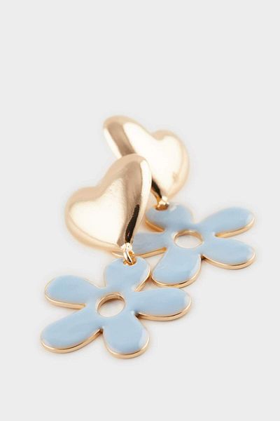 DeFacto Women's Blue Floral Gold Heart Earrings F0700Axns