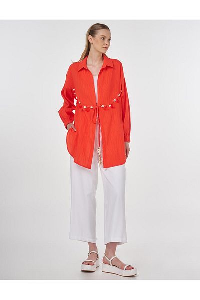 Kayra Seashell Embroidered Cotton Tunic Coral