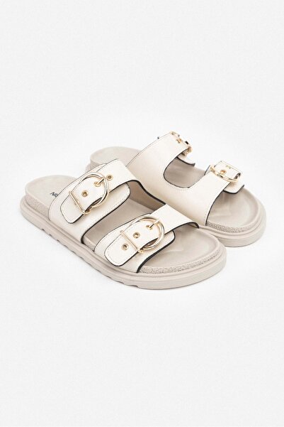 NİŞANTAŞI SHOES Simon Beige Wrinkled Matte Two Buckle Flat Sole Women's Slippers