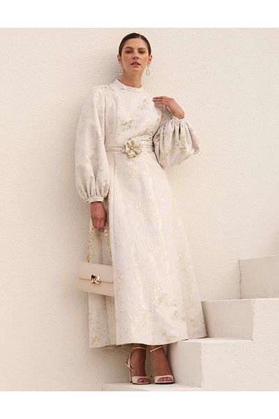Kayra Balloon Sleeve Jacquard Stylish Dress Ecru
