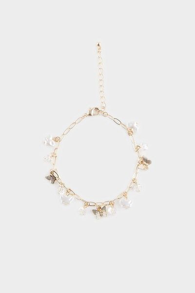 DeFacto Women's Pearl Butterfly Charm Gold Bracelet F3643Axns