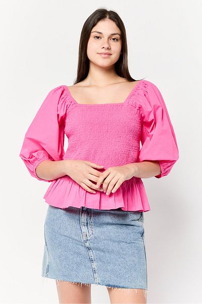 Scotch & Soda Women Square Neck 3/4 Sleeves Textured Blouse, Fuchsia