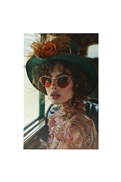 StoryGift Romania Tablou Canvas Super Lady Cu O Palarie Verde De Care Este Atasat Un Trandafir Cu Ochelari In Ro