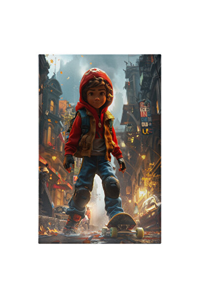 StoryGift Romania Tablou Canvas: Chris Băiețelul Cu Skateboardul Plimbare Pe Strada Udă A Orașului Luminat Pictur