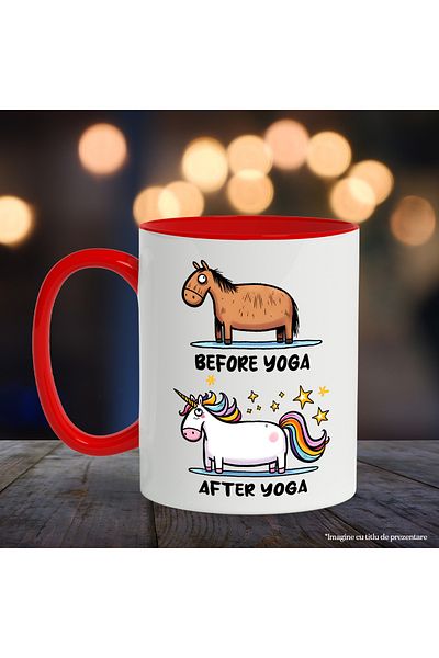 StoryGift Romania Mug with a horse that turns into a unicorn with the message "Before Yoga/ After Yoga, With ,STG
