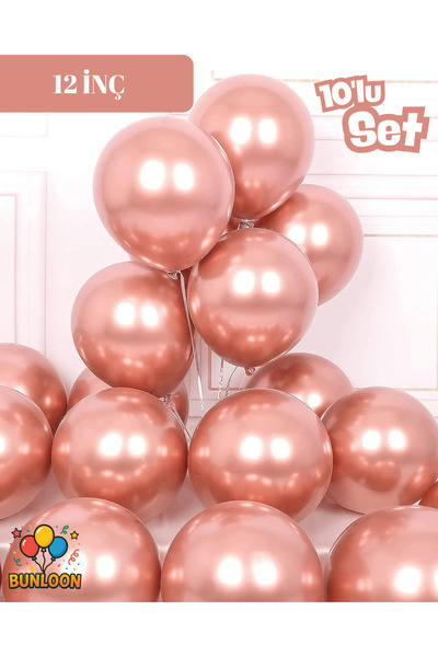 Bunloon Krom Rose Gold Balon 10'lu | 12 İnç Parlak Rose Gold Balon Seti | Pa...